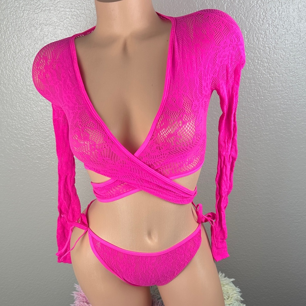 Super Sexy Hot Pink Lace Stripper Exotic Pole Dancer Longsleeve Outfit Set OS